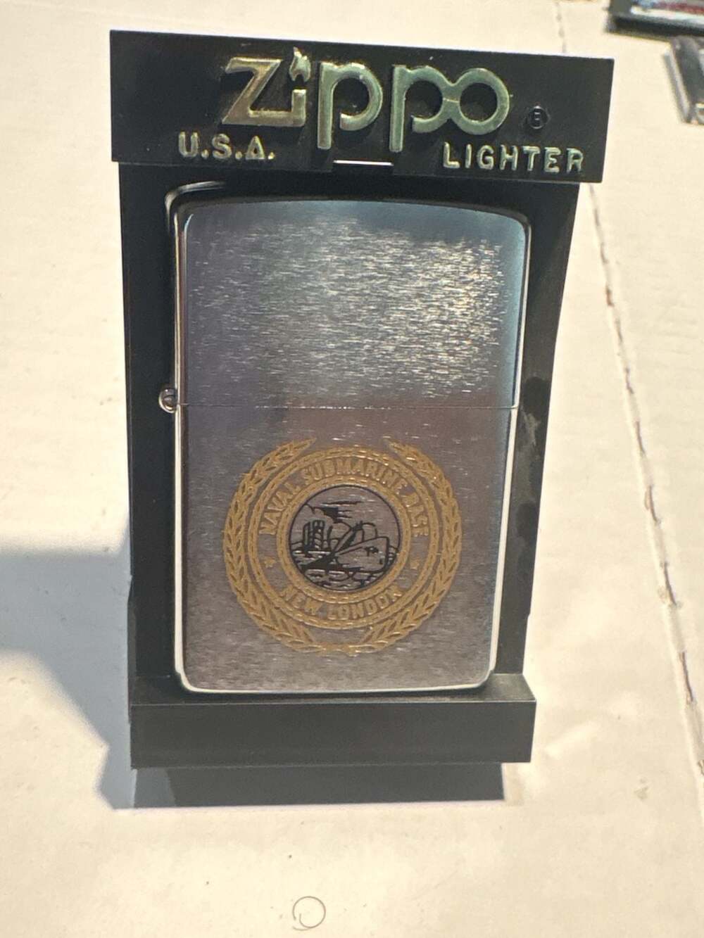 Vintage 1990 Zippo Lighter Naval Submarine Base New London Brushed Chrome
